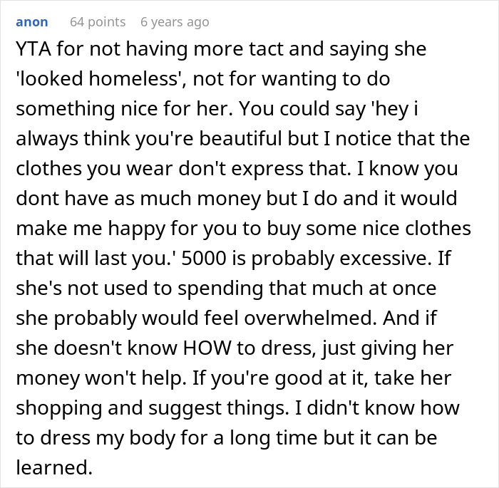 Comment discussing a man feeling embarrassed by girlfriend&rsquo;s style and the impact on her childhood trauma.