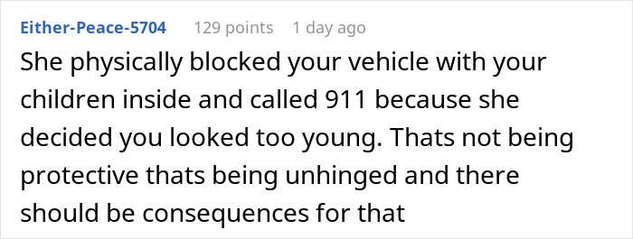 Comment describing unhinged mom at trampoline park blocking a vehicle and calling 911 over young mom with kids.