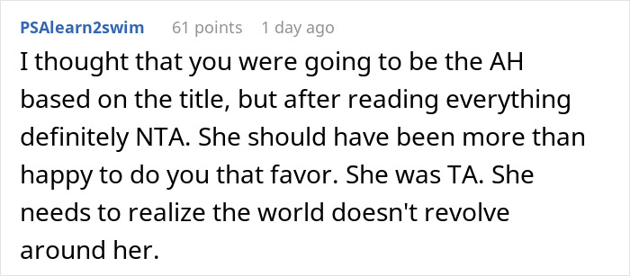 Comment discussing a woman who repeatedly asks family for favors but does not reciprocate, shown on a social media post.