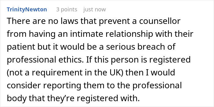 Text post discussing ethical concerns about a counsellor having an intimate relationship with a patient in therapy sessions.