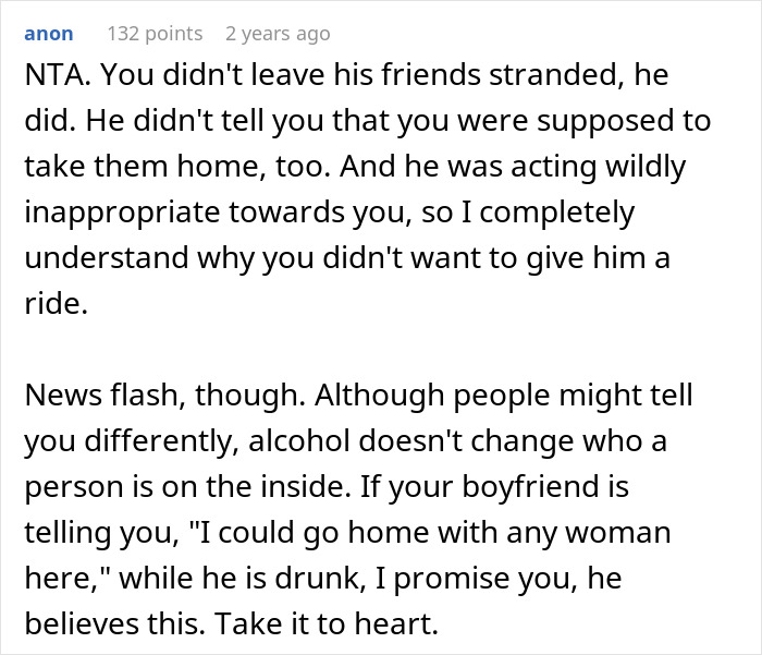 Comment discussing a woman telling her drunk boyfriend to stop acting like a jerk while he refuses and boasts confidently.