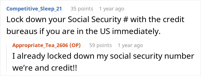 Screenshot of an online discussion about locking down social security numbers for protection.