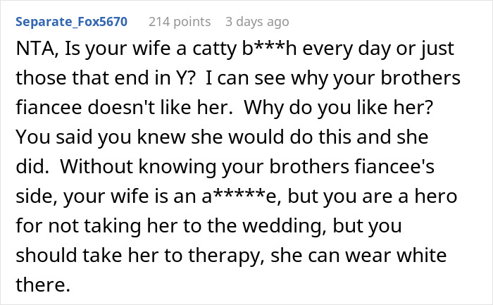 Screenshot of a Reddit comment discussing a husband leaving his wife after she reveals her outfit plans for brother’s wedding.
