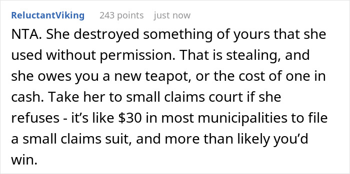 Comment discussing house-sitting friend damaging a $500 Yixing teapot and being responsible for replacing it. Comment discussing house-sitting friend damaging a $500 Yixing teapot and being responsible for replacing it.