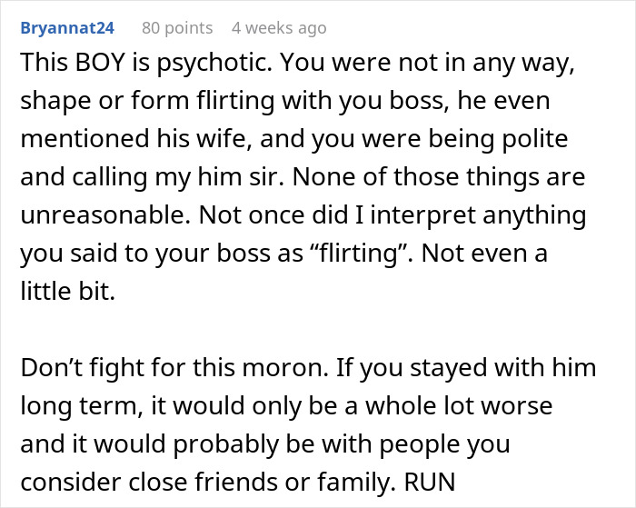 User comment addressing woman&rsquo;s concerns about inappropriate conversations with boss after boyfriend&rsquo;s reaction.