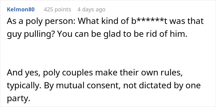 Comment from a poly person discussing polyamory dynamics and mutual consent in poly couples after leaving an unwanted relationship.