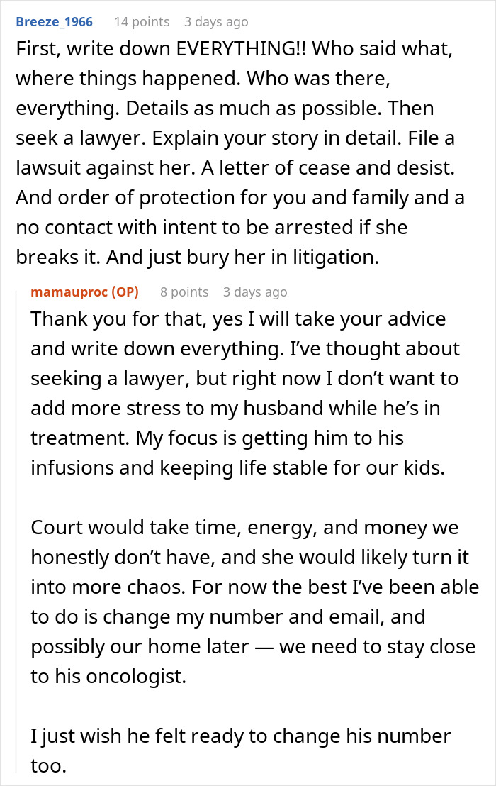 Reddit comments discussing legal advice and family challenges involving a MIL and her terminal son&rsquo;s situation.