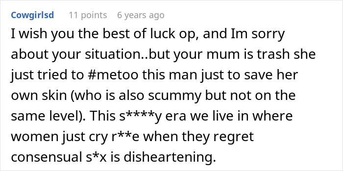 Text comment expressing sympathy and critique about a family situation involving a DNA test revealing uncle is dad.