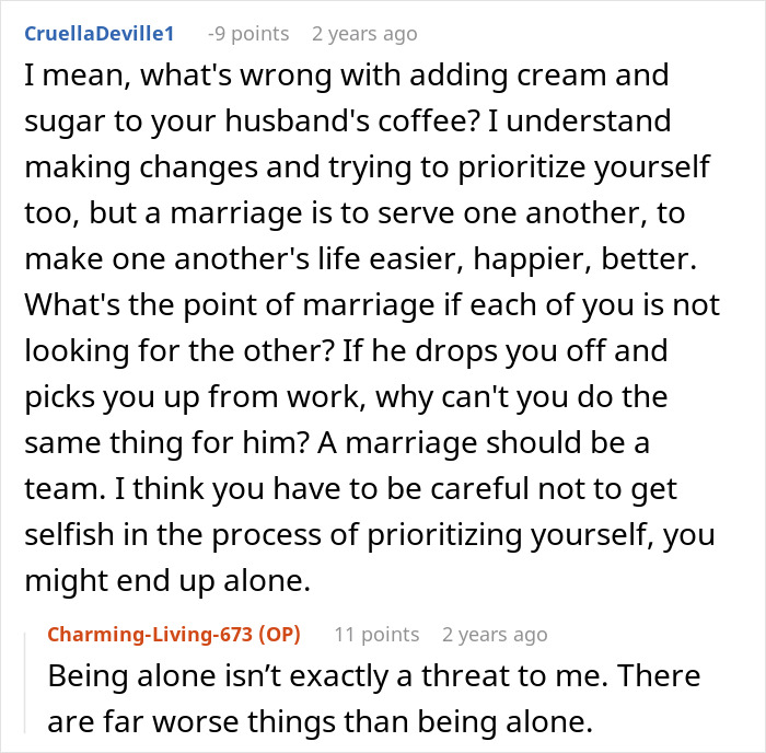 Online discussion about man taking advantage of wife&rsquo;s submissive nature and her standing up for herself in marriage.