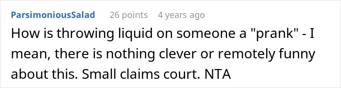 Comment about groom pranks involving brother-in-law’s girlfriend and refusal to pay for actions in a small claims court context.
