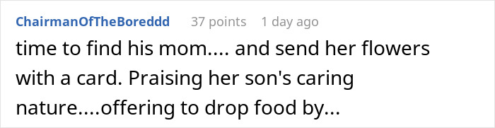 Screenshot of a Reddit comment about sending flowers to a mom after a guy fakes an emergency on a disastrous first date.