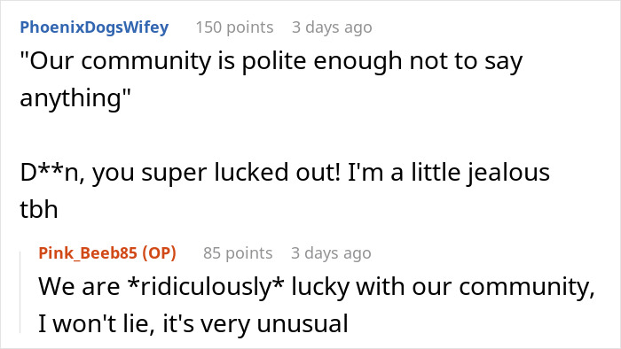 Screenshot of Reddit comments discussing community politeness and luck, related to a guy forgetting his kids while warning a couple.