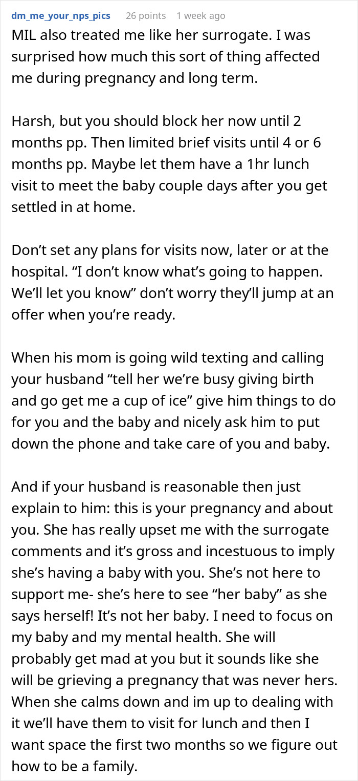 Pregnant woman uncomfortable with mother-in-law actions, managing boundaries and focusing on mental health postpartum.