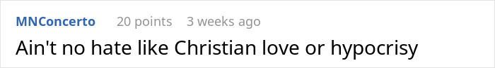 Text comment on a forum discussing hypocrisy and Christian love, reflecting judgment and moral contradictions.