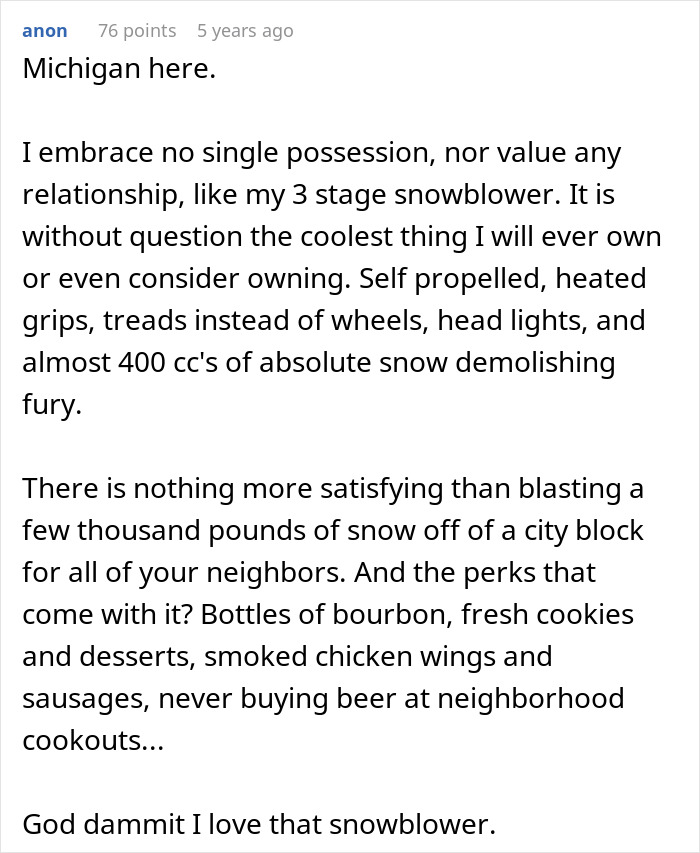 Guy with snowblower using heated grips and treads to clear snow, ensuring mean neighbor&rsquo;s driveway stays snowed in.