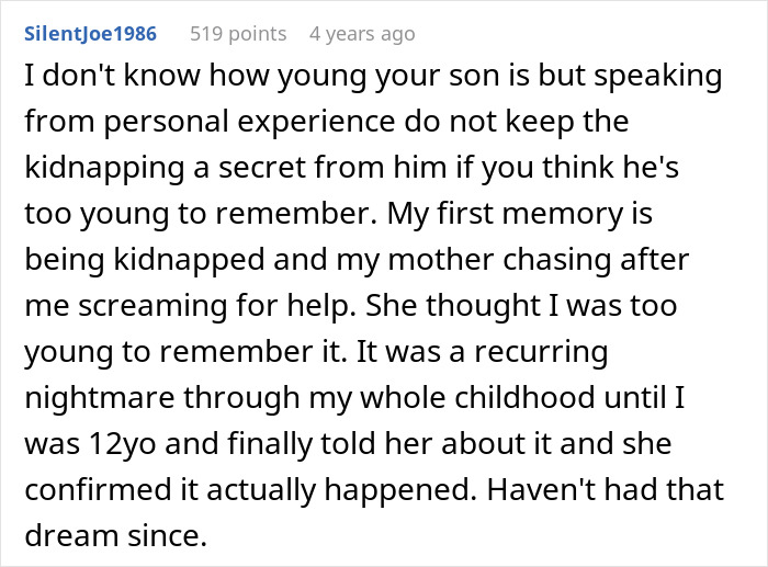 Comment about personal experience with kidnapping trauma, highlighting emotional impact related to a son’s kidnapping by religious MIL. Comment about personal experience with kidnapping trauma, highlighting emotional impact related to a son’s kidnapping by religious MIL.