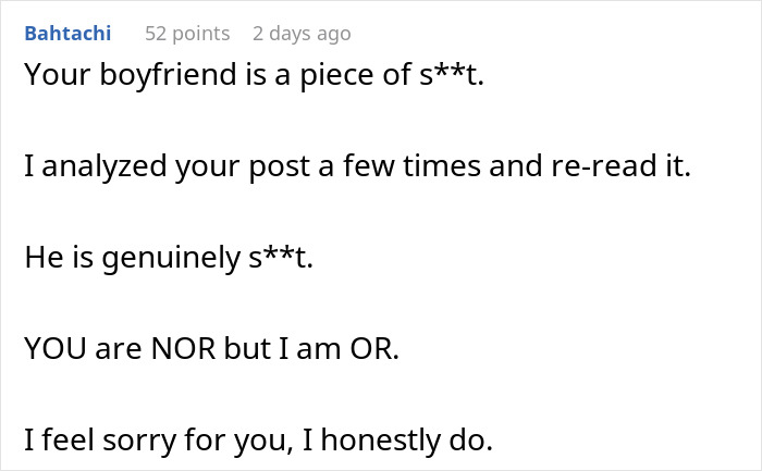Screenshot of an online comment berating a woman for bringing leftovers to support her mourning boyfriend, described as inedible food.