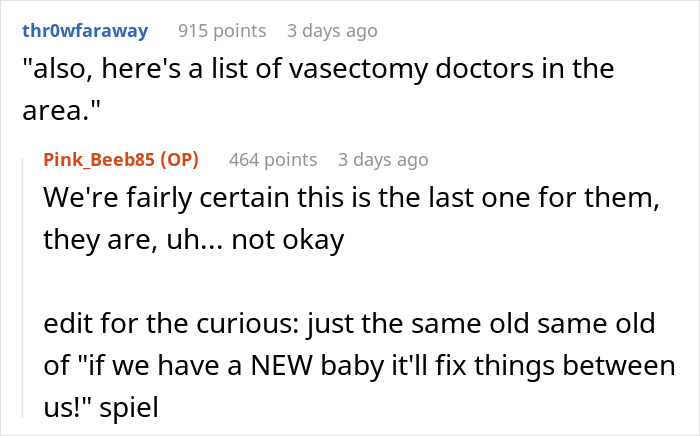 Reddit comments showing a guy comically forgetting how many kids he has while warning another couple not to have kids.