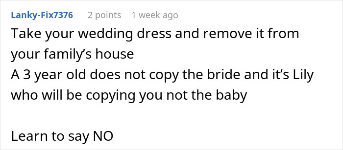 Comment discussing an attention-seeking mom wanting to dress her 3-year-old daughter in the same dress as the bride.