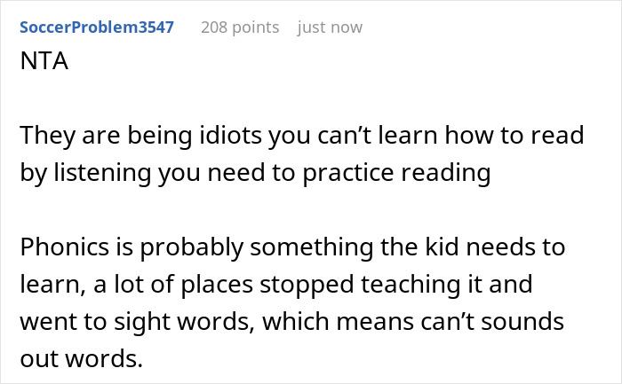 Screenshot of a Reddit comment discussing the importance of teaching phonics for reading skills in grandchild education.