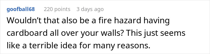 Comment discussing potential fire hazard of using cardboard egg cartons for soundproofing a home office, questioning the safety of the DIY project.