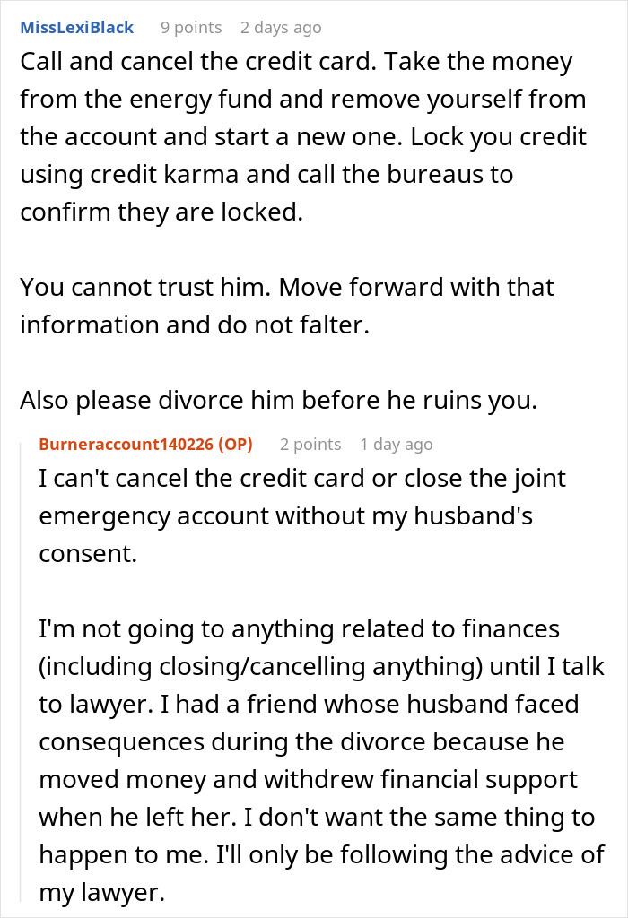 Comments discussing wife horrified as jobless spouse drains emergency fund for essential World Cup expenses.