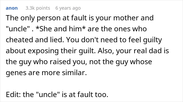 Comment discussing family chaos after one DNA test reveals an uncle is actually the father, causing confusion and guilt.