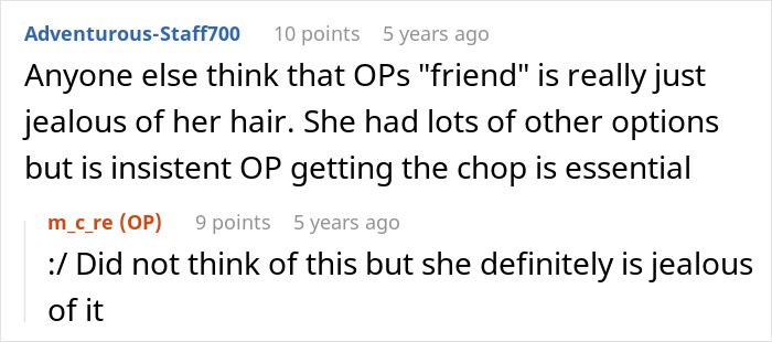 Comments discussing friend&rsquo;s long hair and expectation to cut it off for sister&rsquo;s wig, leading to conflict.