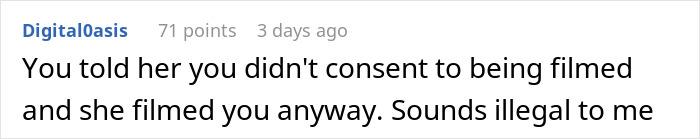 Screenshot of a Reddit comment discussing consent related to filming, highlighting issues with weird mom spying on son and his girlfriend. Screenshot of a Reddit comment discussing consent related to filming, highlighting issues with weird mom spying on son and his girlfriend.