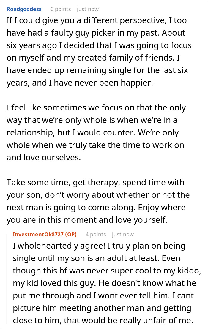 Screenshot of an online discussion where a woman describes focusing on self-love after a suspicious boyfriend&rsquo;s hidden marriage was revealed.