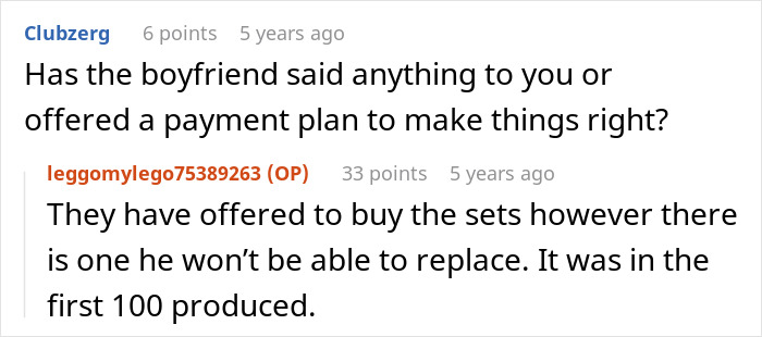 Online conversation about cheating ex-wife&rsquo;s boyfriend stealing expensive Lego sets and issues with replacement of rare pieces.