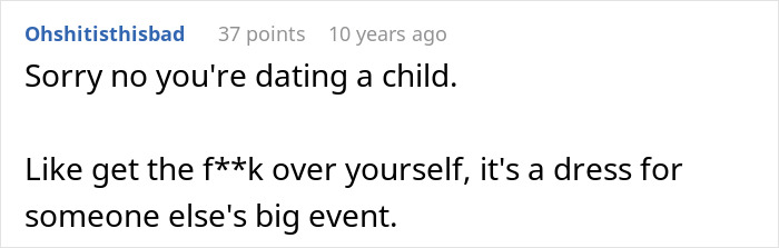 Screenshot of a comment criticizing a guy who can't handle his girlfriend refusing to wear dresses to a wedding.