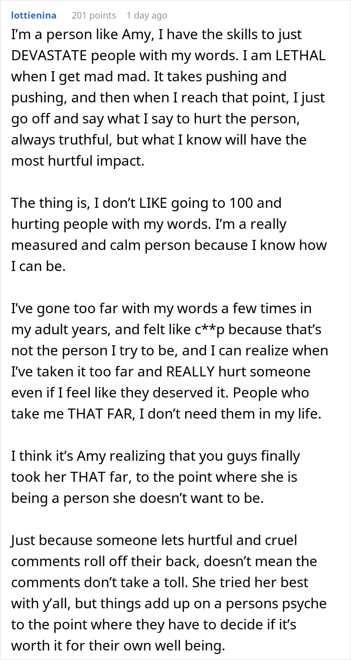 Text post by user lottienina sharing personal experience with using hurtful words when angry and reflecting on emotional impact.