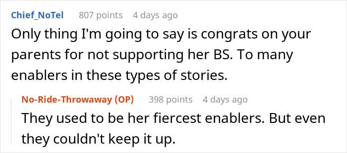 Screenshot of a Reddit conversation about a woman going berserk on her brother for meddling in parenting.