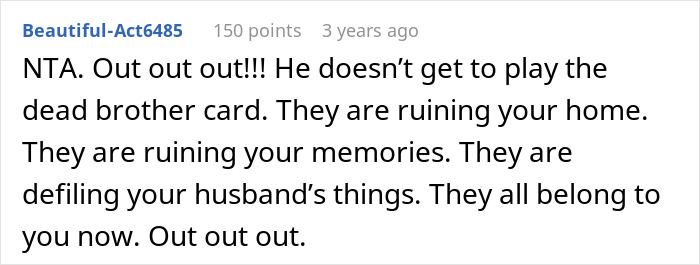 Screenshot of a forum comment about a woman kicking late husband's brother and his kids out of the home.