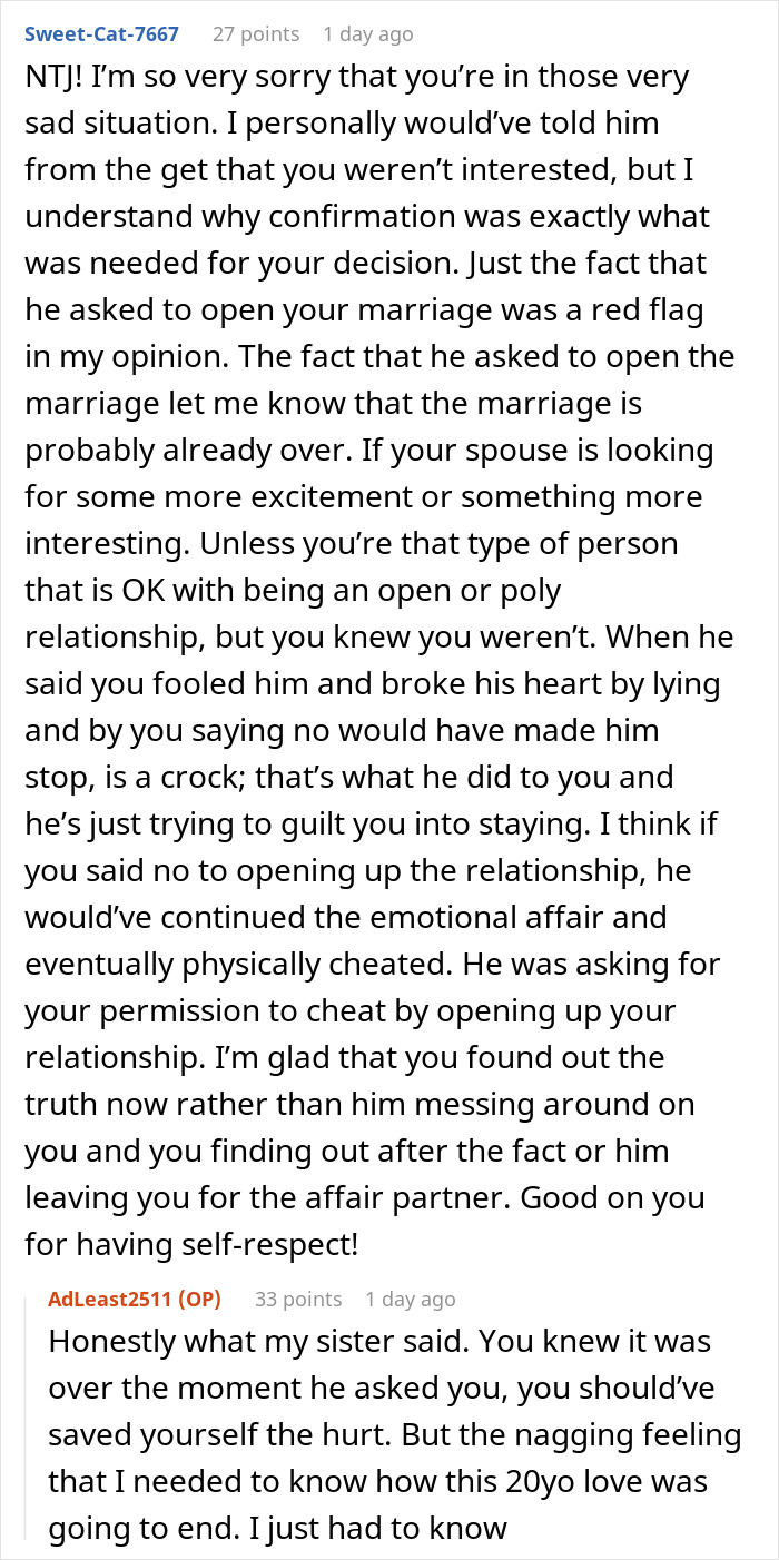 User comments discussing a guy wanting freedom to explore outside marriage and wife uncovering his gym affair.