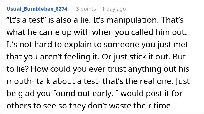 Screenshot of a Reddit comment about a first date where a guy fakes an emergency as a manipulation test and gets caught.