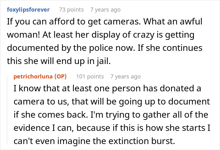 Comments discussing suspicions of food theft by a step-mom leading to police evidence gathering and potential legal action.