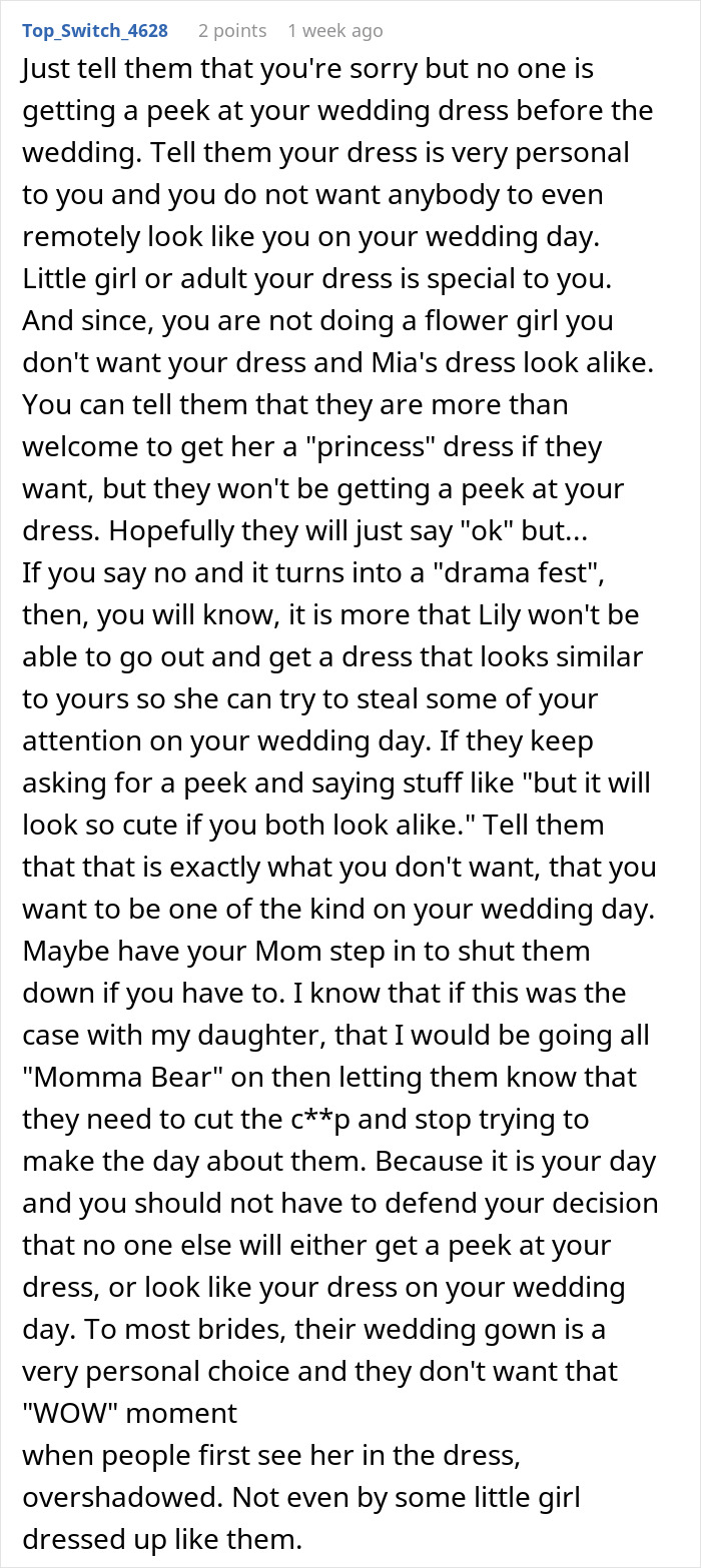 Comment text discussing attention-seeking mom wanting 3YO daughter dressed same as bride at wedding.