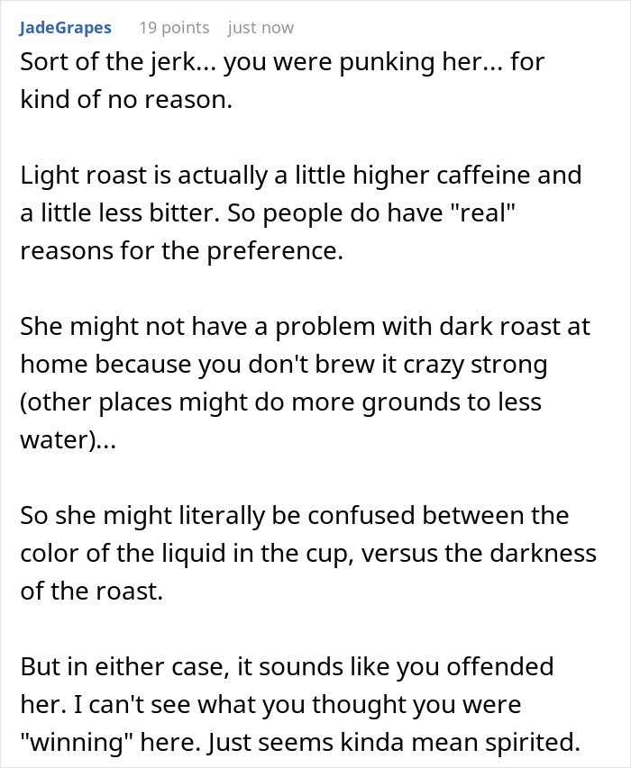 Comment discussing coffee preferences, dark roast confusion, and caffeine levels from a coffee snob wife rant thread.