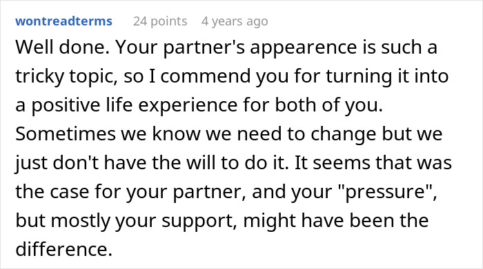 Text comment discussing the challenges a husband faces accepting his wife&rsquo;s weight gain and offering supportive advice.