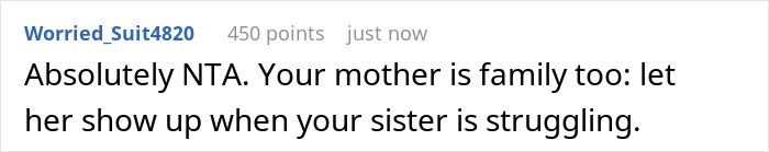 Comment text on a forum about family support, older sister helping single mom with baby during a difficult time.