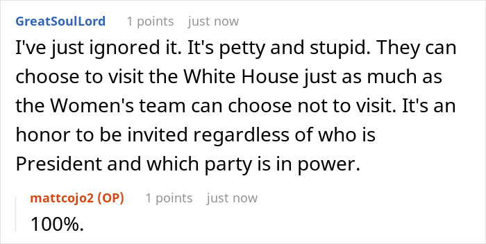 Comment section discussing Team USA Men's Hockey visit to the White House and public reactions online. Comment section discussing Team USA Men's Hockey visit to the White House and public reactions online.
