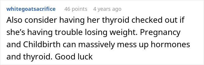 Comment about thyroid issues possibly affecting weight loss, shared in an online discussion about husband struggling with wife&rsquo;s weight gain.