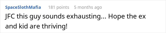 Comment text on a white background discussing a man dating a single mom drama and hoping the ex and kid are thriving.