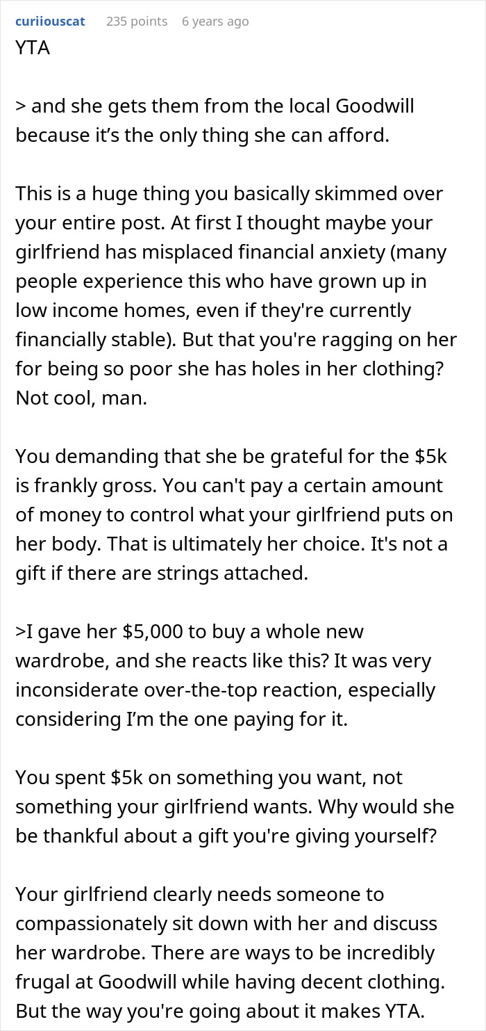 Man feels embarrassed by girlfriend&rsquo;s style, sparking discussion about financial struggles and childhood trauma.