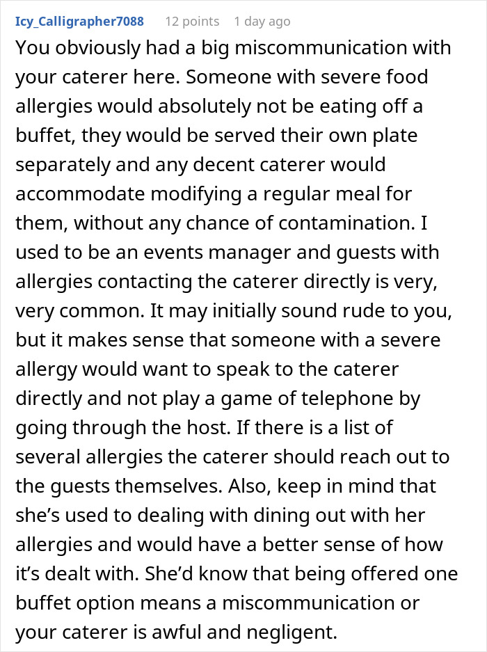 Comment discussing miscommunication with caterers and guests contacting caterers about vegetarian meal options at weddings. Comment discussing miscommunication with caterers and guests contacting caterers about vegetarian meal options at weddings.