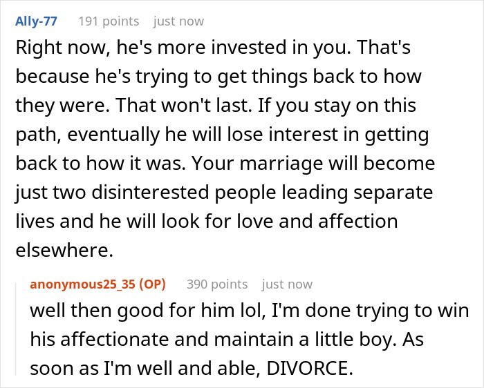 Alt text: Online discussion about wife realizing lack of comfort from husband and responding with same effort in marriage issues. Alt text: Online discussion about wife realizing lack of comfort from husband and responding with same effort in marriage issues.
