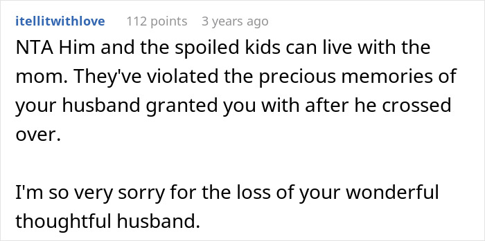 Comment expressing sympathy for woman kicking late husband's brother and kids out, mentioning violation of husband's memories.