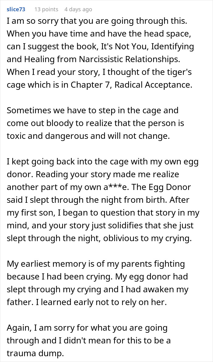 Comment reflecting on postpartum boundaries, toxic relationships, and personal trauma related to a mother&rsquo;s harmful retaliation.